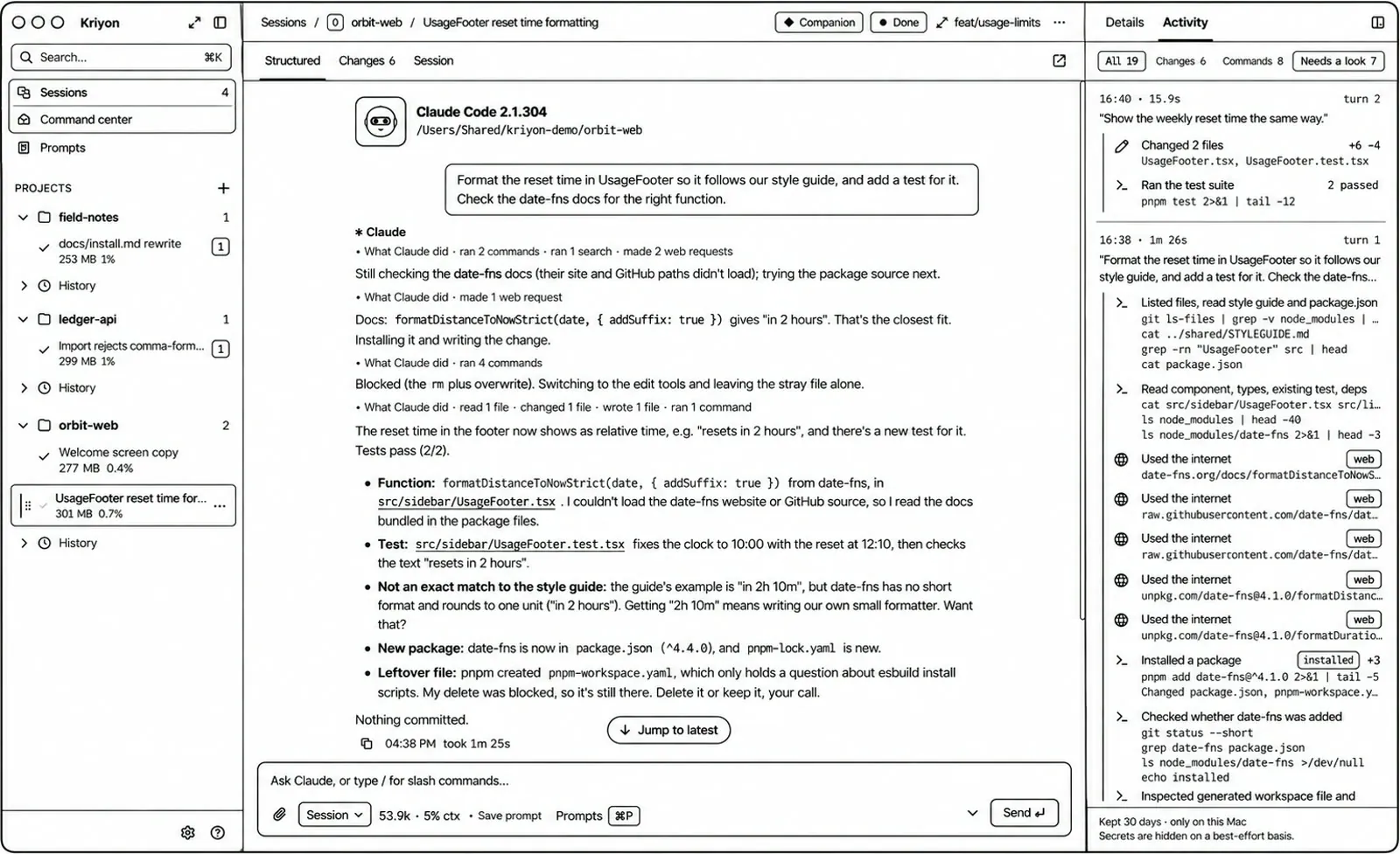 Kriyon showing a session in the Structured view with the Activity tab open